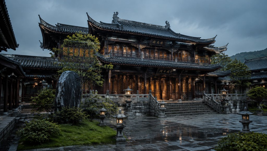 古风宫廷藏书阁，层叠重檐，雕窗回廊，夜色中灯火通明，写实建筑风格