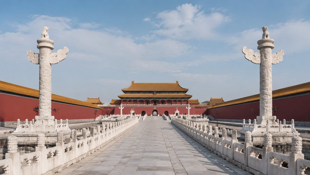 故宫御道，汉白玉栏杆与华表，红墙黄瓦宫殿，写实古装宫廷建筑