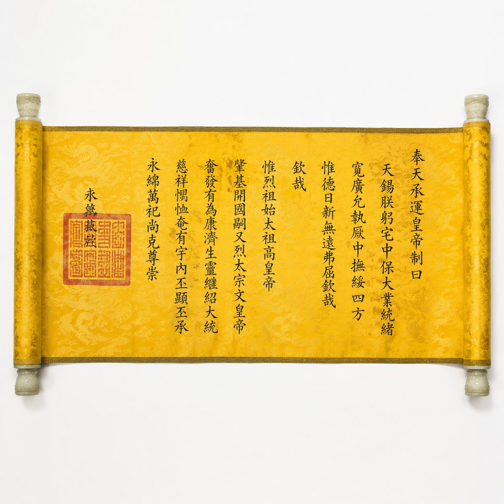 明黄织金云龙卷轴圣旨,玉轴朱印,古装宫廷写实道具