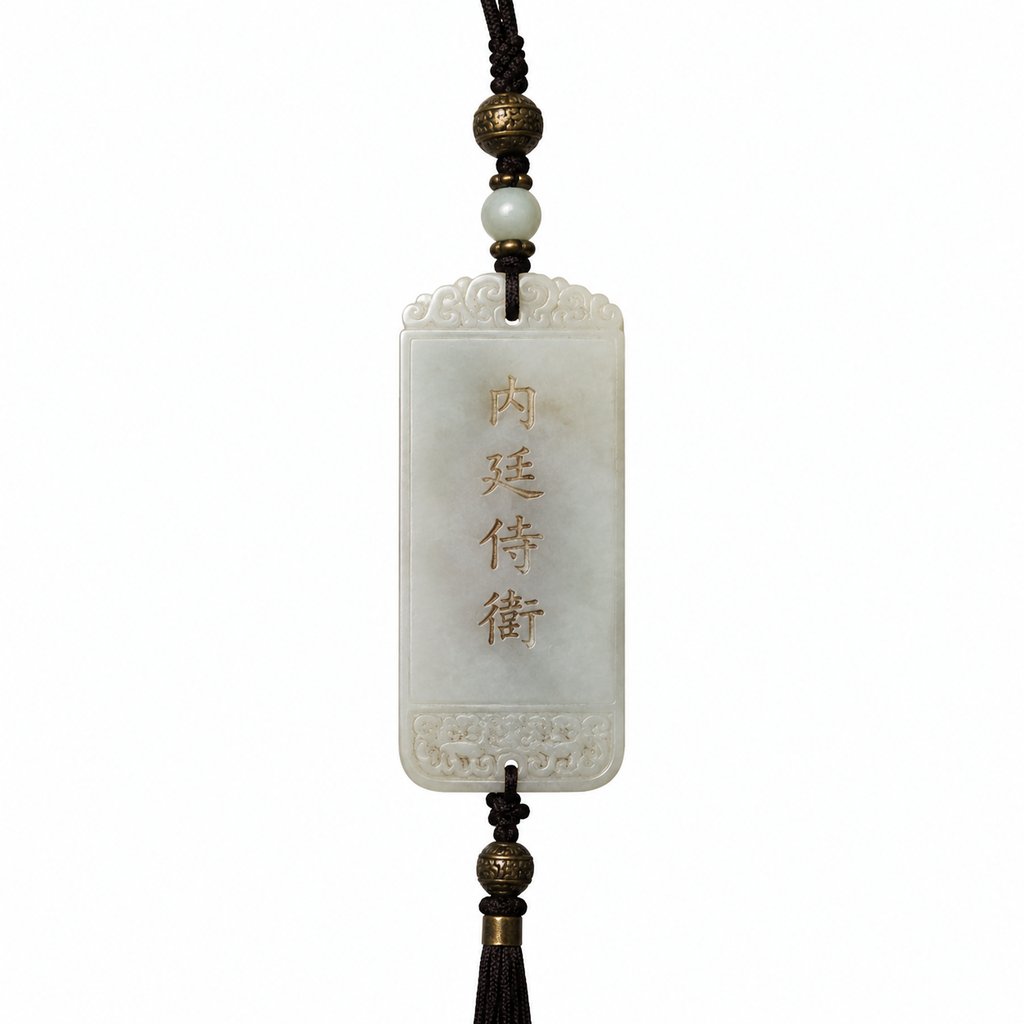 古装宫廷玉质令牌腰牌，刻有'内廷侍卫'字样，配铜珠与黑绳，写实风格