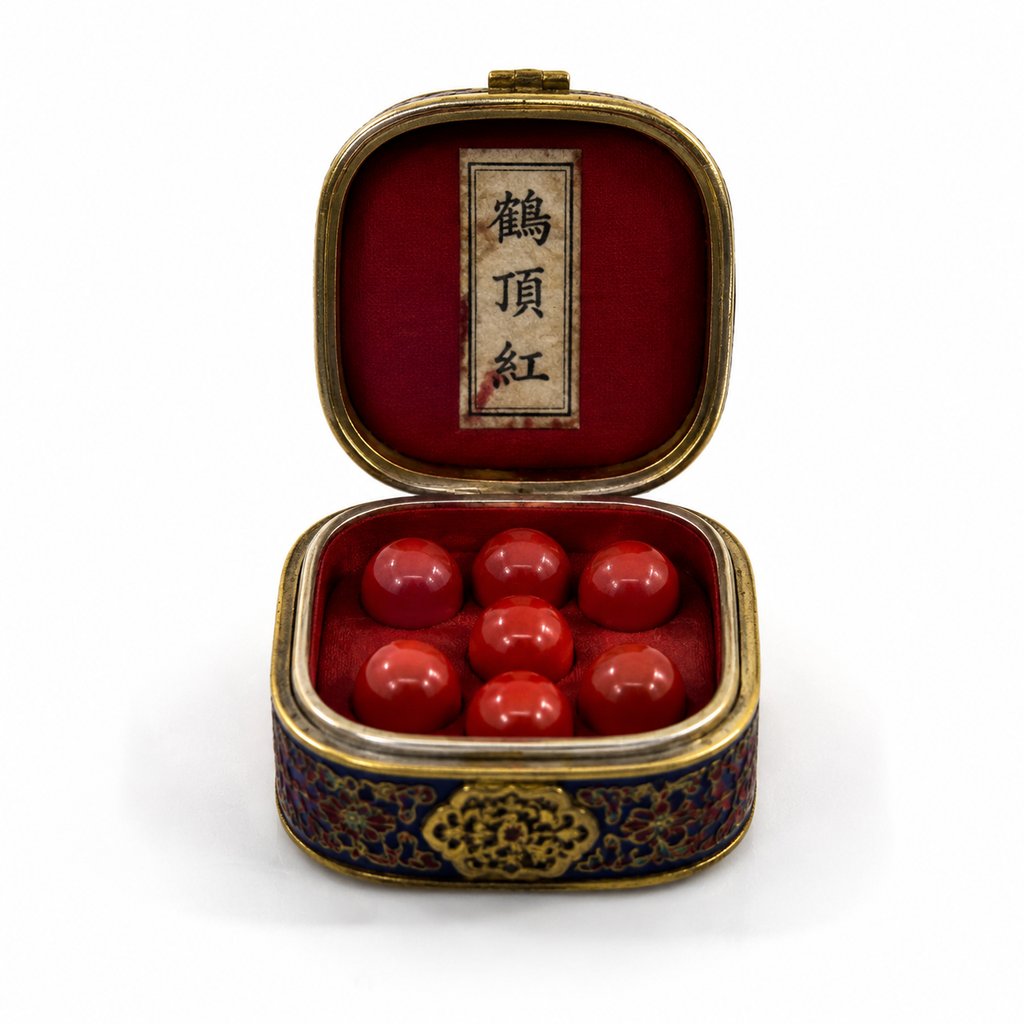 古装宫廷风格毒药红丸,红色药丸置于精美金属盒中,盒内标有“鹤顶红”字样