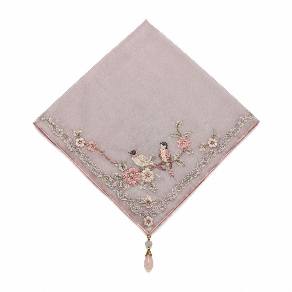 淡粉色绣花绢帕，绣有花鸟图案，边缘蕾丝装饰，配珠坠，古风宫廷风格