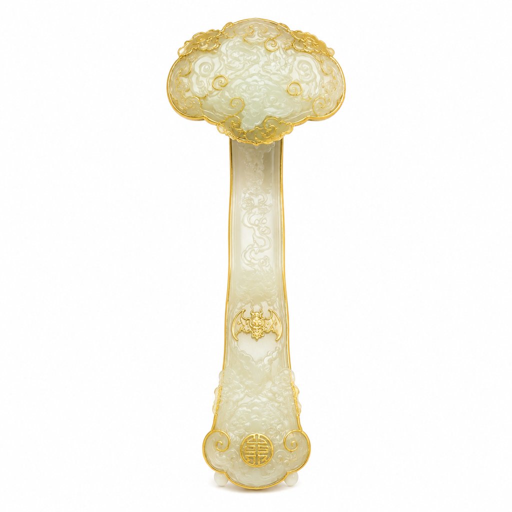白玉灵芝云头如意，描金祥瑞纹饰，古装宫廷写实道具