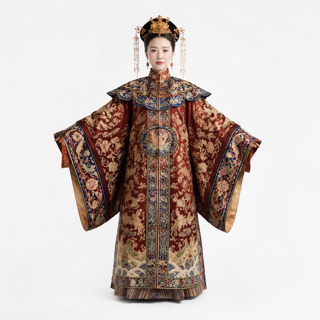 身穿织金补服的妃嫔，广袖朝服，云肩补子，古装宫廷写实风格