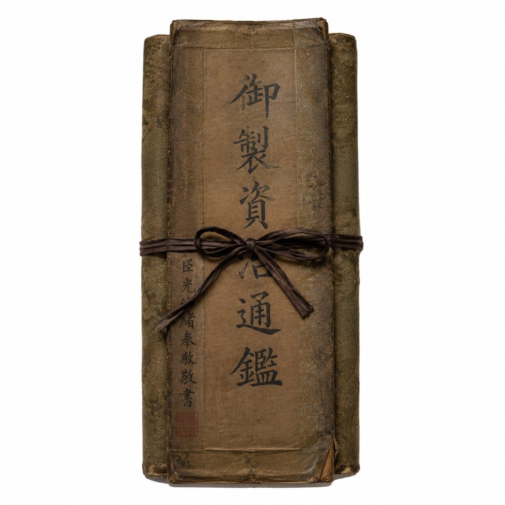 古色古香的线装书卷，封面墨书‘御製資治通鑑’，系有深色丝带，呈现古典宫廷写实风格。