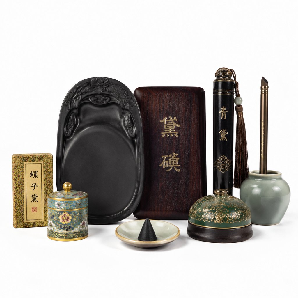 古装宫廷写实妆粉螺子黛道具,含黛砚、青黛管、画眉笔等精致器物,中式古典风格