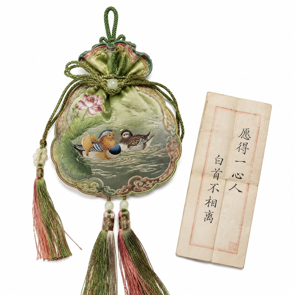 绣有鸳鸯与荷花的绿色古风荷包，配流苏和情信纸条，宫廷写实风格