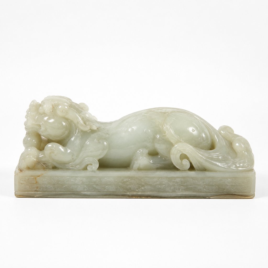 玉雕瑞兽镇纸,白玉材质,卧姿祥瑞神兽,细腻雕刻,古风文雅