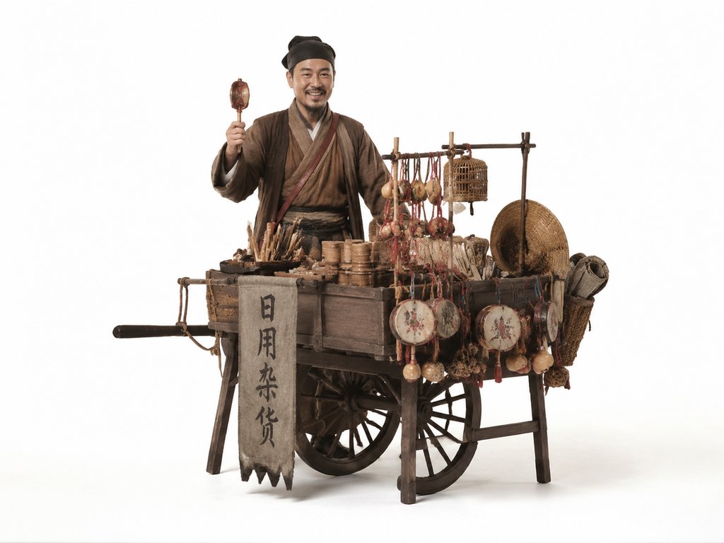 古装货郎推着杂货车，手持拨浪鼓，车挂日用杂货，写实风格