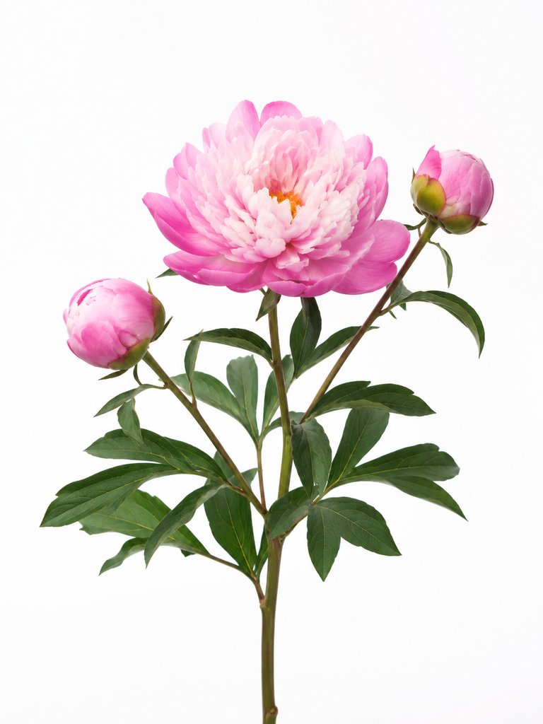 粉白相间的芍药花，盛开与花苞并存，绿叶衬托，写实风格