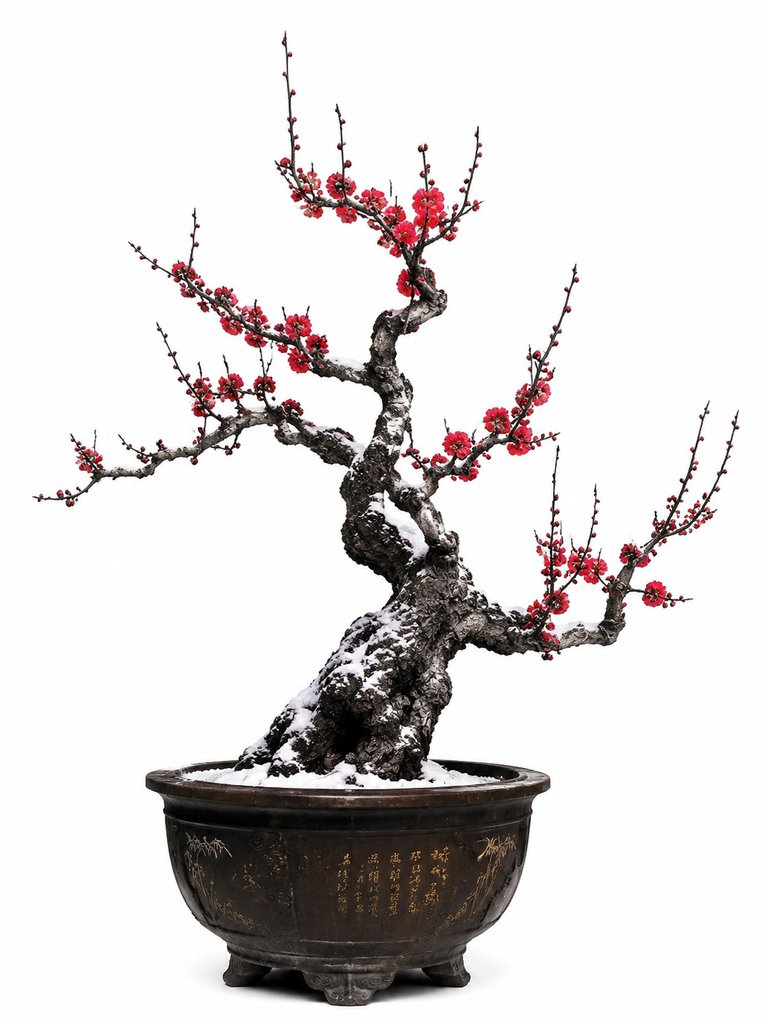 雪中红梅盆景，虬枝苍劲，绽放艳丽梅花，古风写实风格