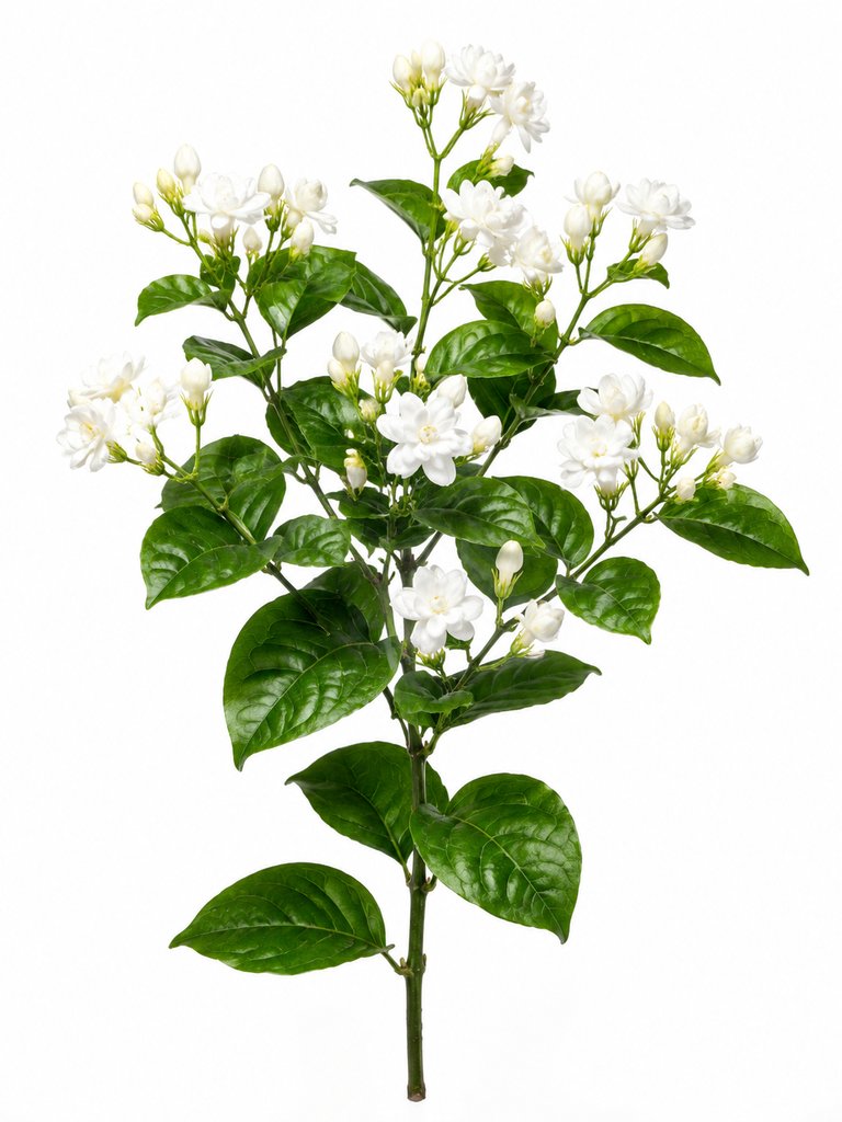 素白茉莉花与翠绿叶片，写实风格3D植物素材