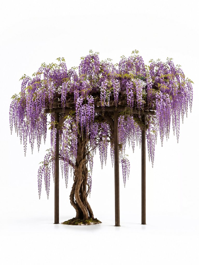 紫藤花盛开的藤架，紫色花串垂落，古风写实风格