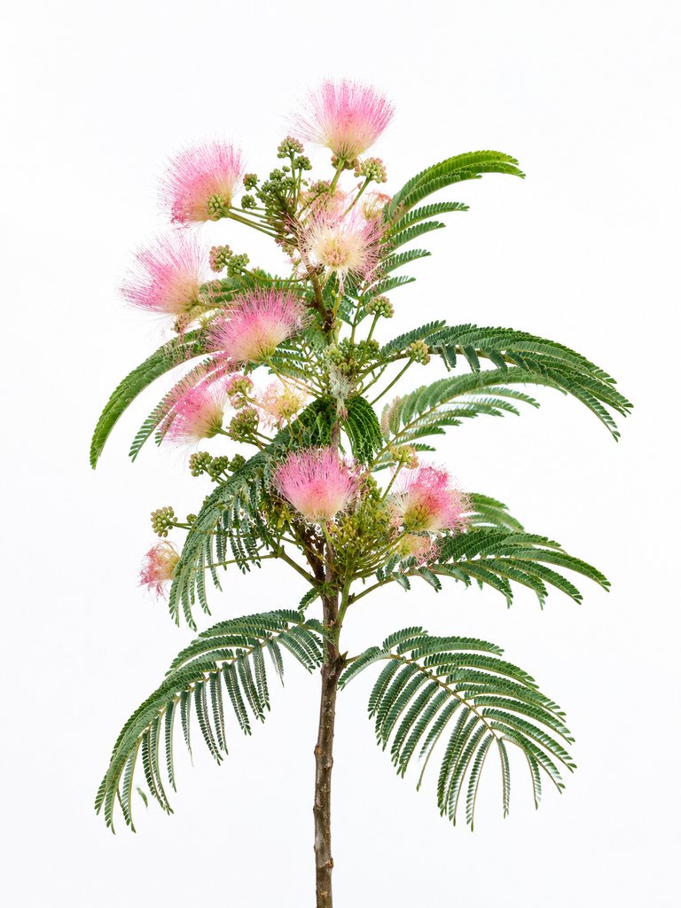 粉红色合欢花，羽状绿叶，绒球状花朵，写实风格植物图