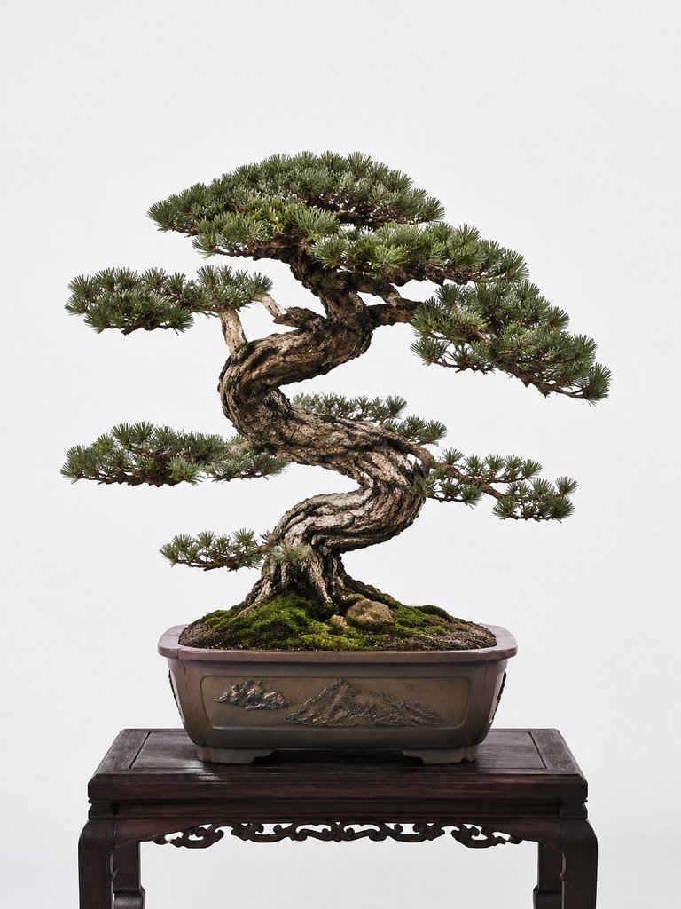 虬曲古松盆景，苍劲枝干，青翠针叶，置于雕花陶盆中，古典中式风格