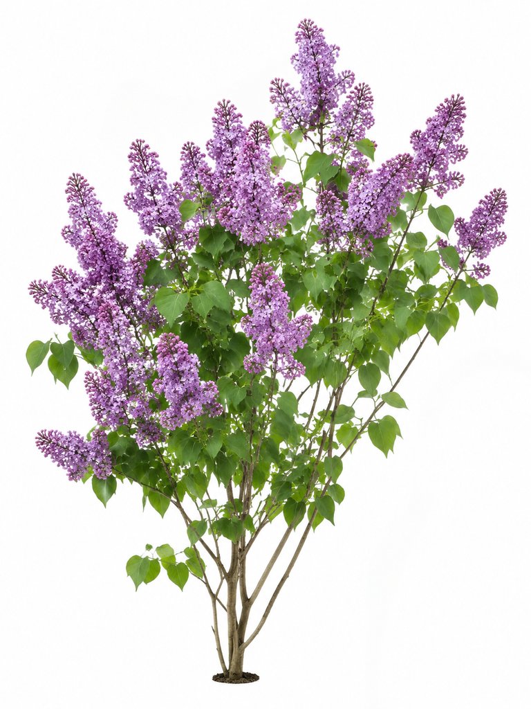 盛开的紫色丁香花,心形绿叶簇拥,3D写实风格植物