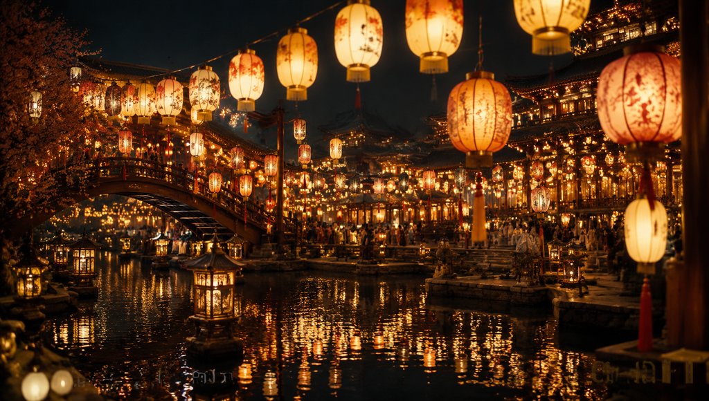 古风宫廷夜景,宫灯流光溢彩,倒影映水,华美写实