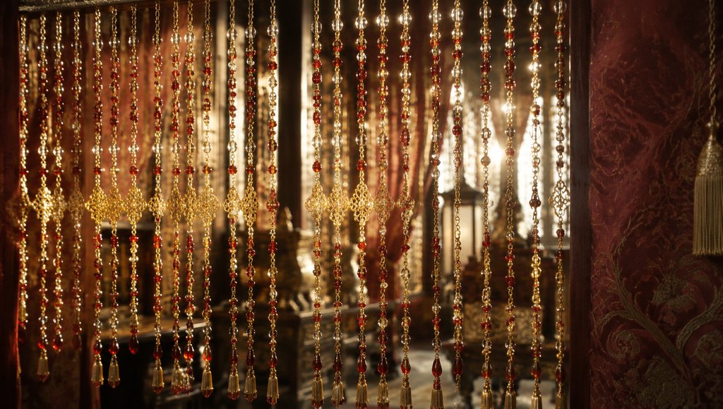 古装宫廷珠帘晃动，金红串珠流光闪烁，写实3D特效