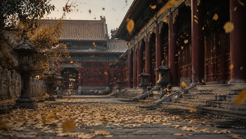 古装宫廷秋景，落叶纷飞，红墙黄瓦，写实风格
