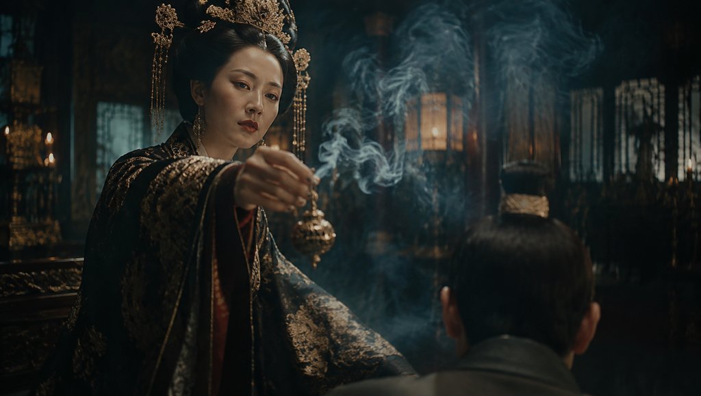 古装女子手持香炉，烟雾缭绕，宫廷氛围浓厚，写实风格