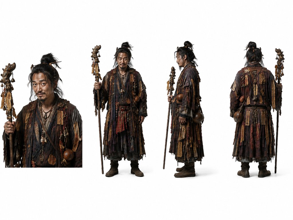 末世神棍身穿花哨破袍，手持符铃神棍，油滑写实风格角色