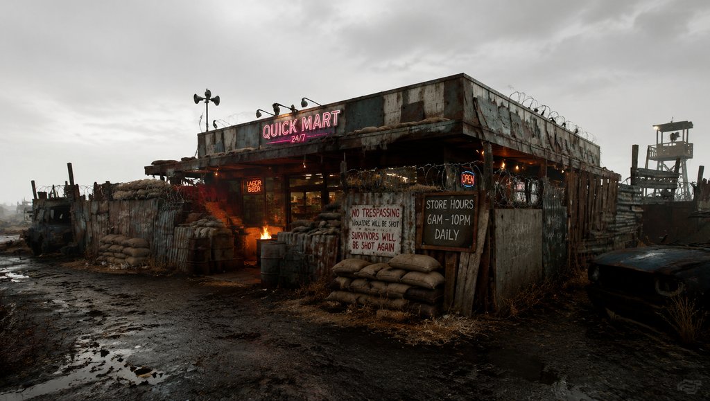 末世废土风格的加固便利店，霓虹灯闪烁，沙袋围栏，写实场景