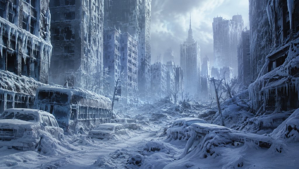 冰封城市废墟,积雪覆盖的车辆与高楼,冰棱悬挂,末世极寒场景
