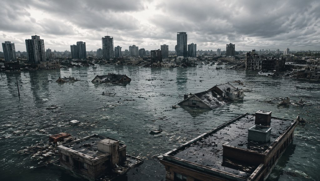 洪水淹没的城市街区,残破建筑漂浮水面,阴沉天空下的末世废土场景