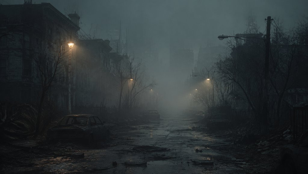 浓雾笼罩的废弃街区,昏黄路灯闪烁,破旧车辆散落,末世废土写实场景