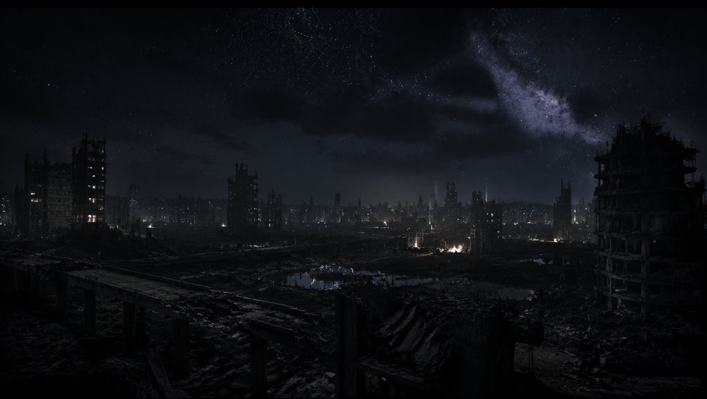 永夜下的废墟都市,零星光源,磷光闪烁,死寂末世场景,写实风格