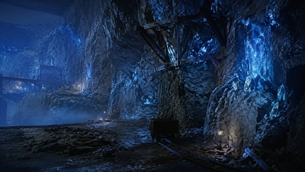 幽蓝晶核矿区,矿车轨道穿行于发光蓝晶簇间,末世废土写实风格场景