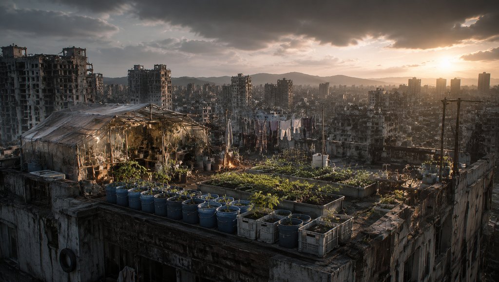 末世天台菜园，塑料棚与菜畦在废墟城市中生机勃勃，夕阳下写实场景