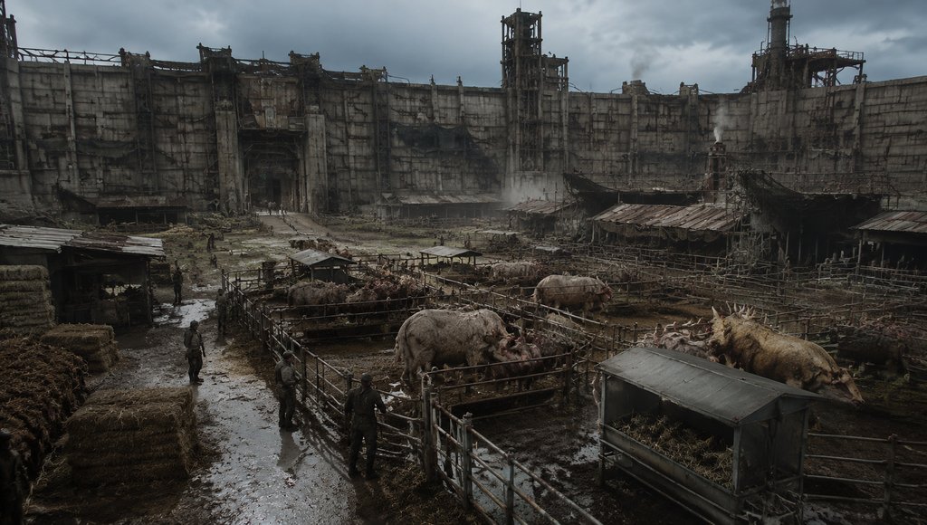 末世废土养殖场,破败围栏中饲养变异猪群,背景为废弃工业建筑,写实风格