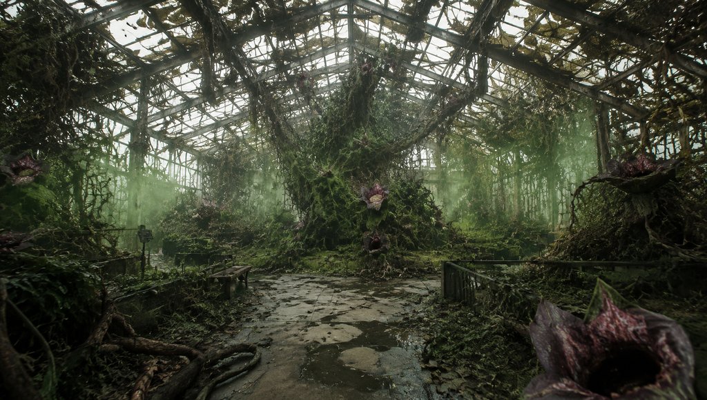 废弃温室中疯长的变异植物,破玻璃顶下弥漫孢子雾,末世废土写实场景
