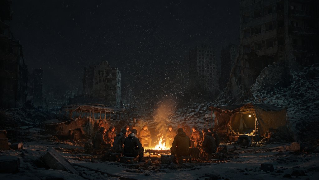 雪夜废墟中，人们围坐篝火取暖，背景是破败建筑与燃烧的巴士，写实末世风格
