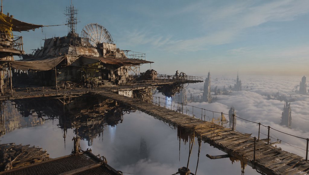 末世空中浮岛基地,锈迹斑斑的拼接平台与吊桥,倒映在云海之上的废土写实场景