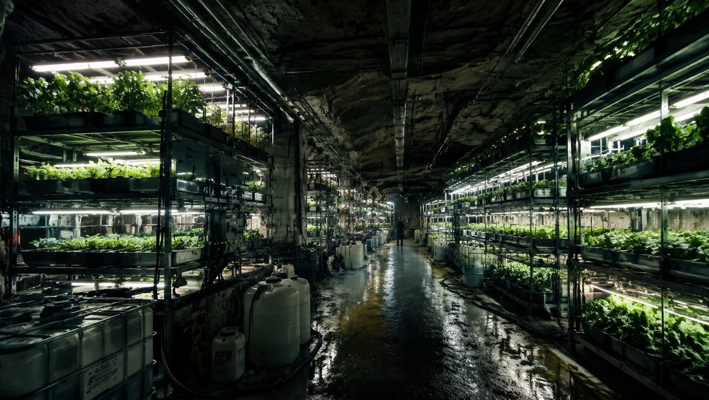 末世地下农场,层架种植绿植,荧光灯照明,科技感十足的废土写实场景