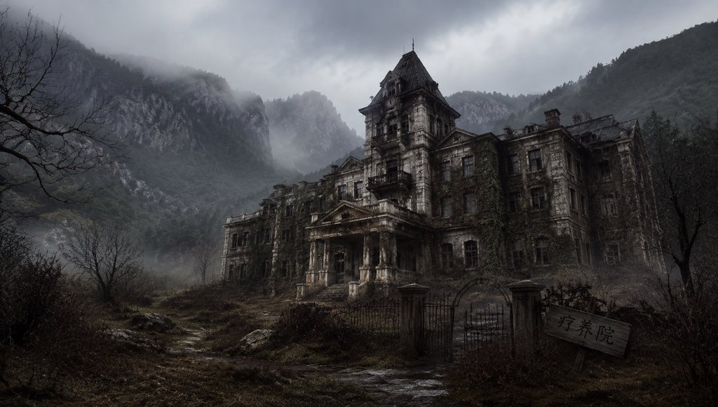 废弃疗养院,藤蔓缠绕的破败洋楼,阴雾弥漫的山间末世场景,写实风格