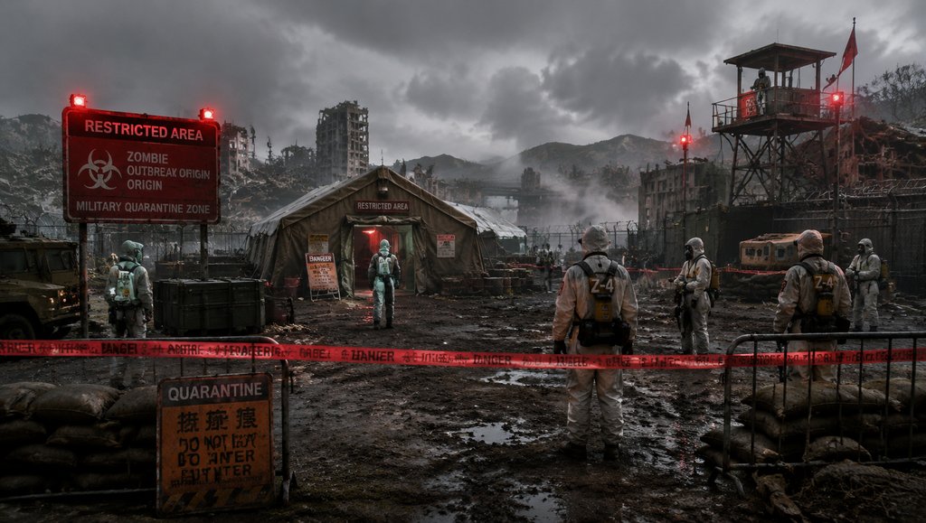 末世废土中,防化士兵守卫丧尸封锁区,隔离帐篷与警戒线环绕,写实风格