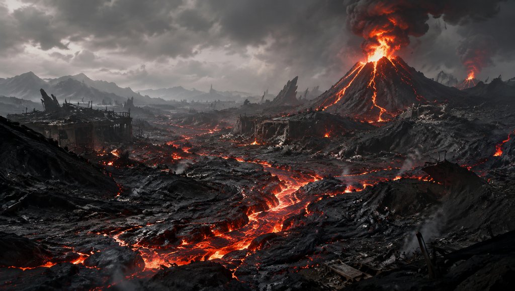 末世废土中火山喷发,岩浆流淌,焦黑废墟与炽红裂缝交织的写实场景