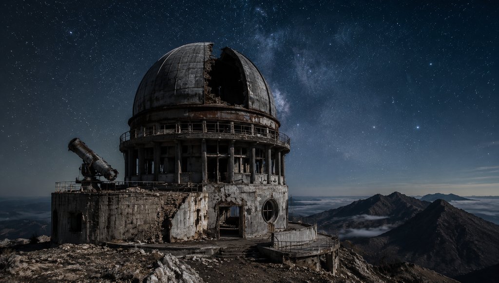末世废墟中的天文台，破败穹顶与锈迹望远镜，星空下荒凉写实场景