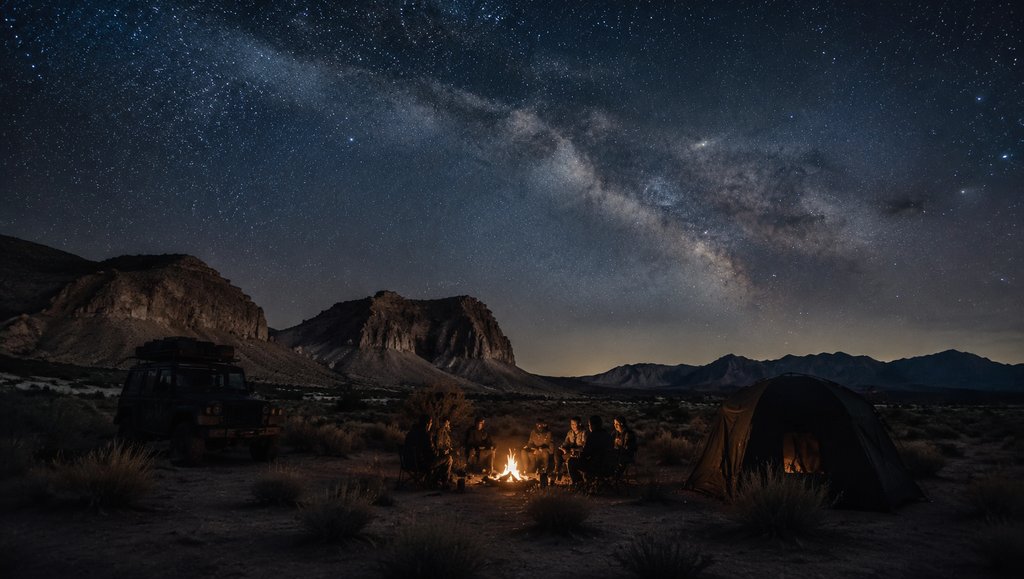 夜幕下废土营地,篝火旁人物剪影,星河璀璨,帐篷与越野车轮廓清晰,写实末世风格