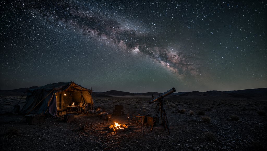 废土星空下,帐篷与篝火旁的望远镜仰望银河,写实末世露营场景