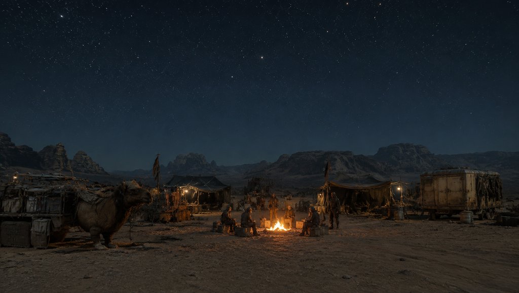 末世废土荒漠商队营地,星夜下篝火旁人物围坐,改装车与骆驼静立,写实风格