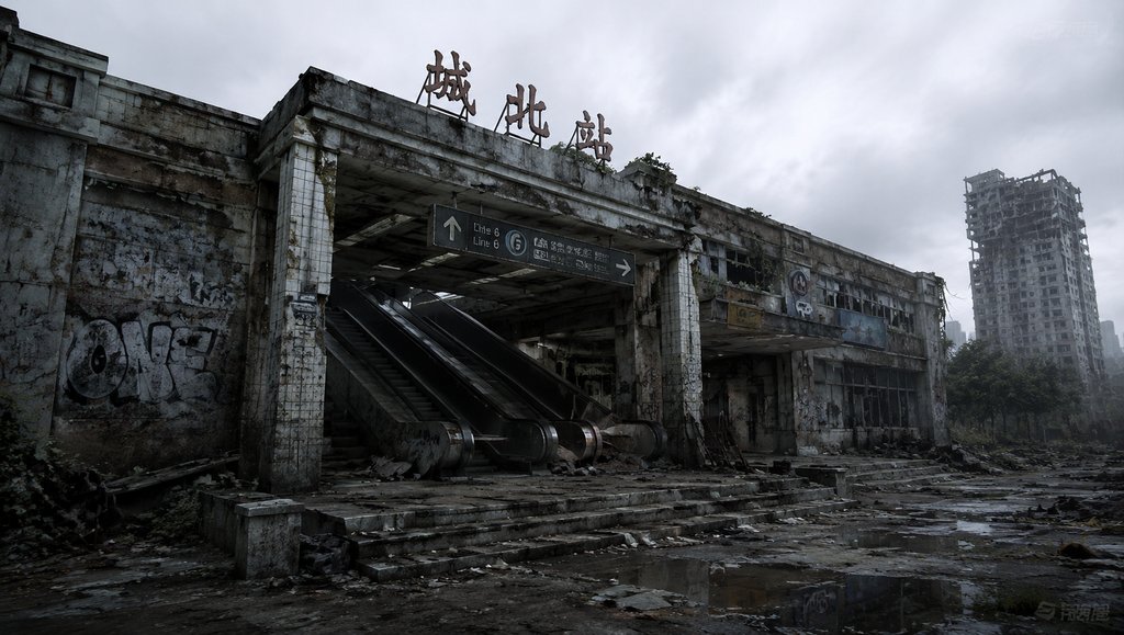 废弃地铁站入口，停摆扶梯与涂鸦墙，末世废土风格写实建筑