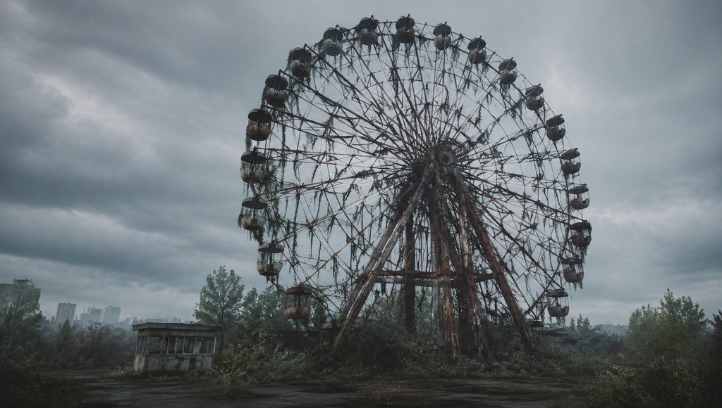 废弃游乐园中的锈迹斑斑摩天轮，藤蔓缠绕，座舱褪色，阴云密布的末世场景