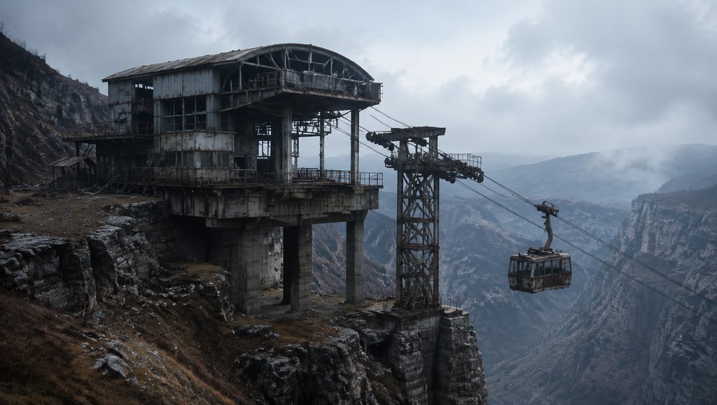 废弃缆车站建筑，锈迹斑斑的缆车悬挂在钢索塔上，俯瞰深渊峡谷，末世废土风格写实场景