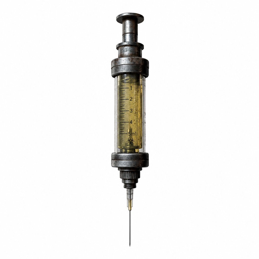 末世风格金属注射器，内含浑浊黄色液体，带生物危害标志，写实道具
