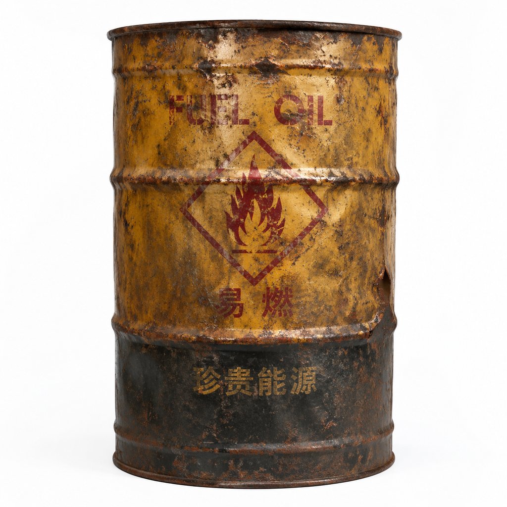 锈迹斑斑的燃料油桶，带有易燃标识和中文警示，末世废土风格写实道具
