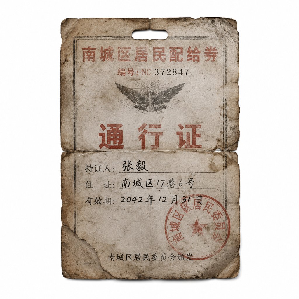 末世废土风格的配给券通行证,带有磨损痕迹和红色印章,复古写实道具